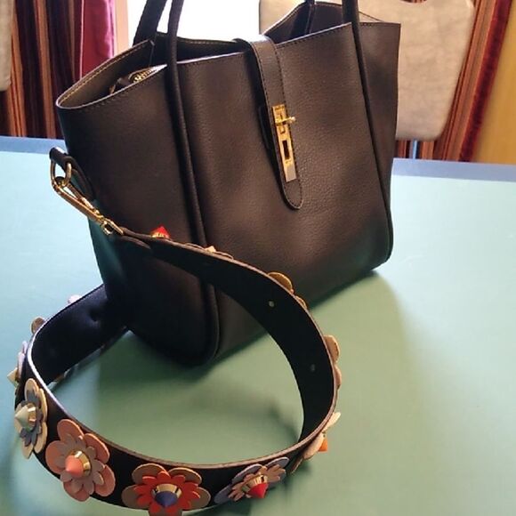 Black Faux Leather Two Crossbody Straps Certified Vegan Bag with Floral Strap - Picture 1 of 10